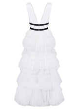 Eliza White Plunging Neck Layered Tulle Skirt Maxi-Dress