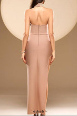 irene Halter Pearl Embellished Maxi Dress in Nude