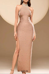 irene Halter Pearl Embellished Maxi Dress in Nude