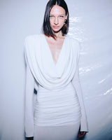long sleeve draped cowl neck maxi dress in white