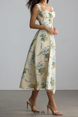 daphne Floral Print Sweetheart Midi Dress in yellow