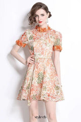 Embroidered hollow floral puff sleeves mini dress
