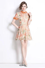 Embroidered hollow floral puff sleeves mini dress