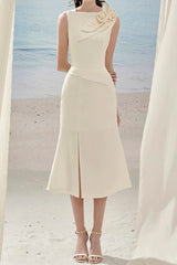 alani flower slim split midi dress in apricot