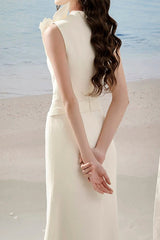 alani flower slim split midi dress in apricot