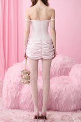 Pleated Flower Strapless Bodycon Mini Dress In Pink