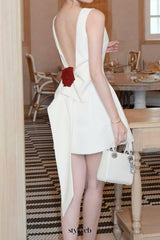 joanna backless flower bow embellished mini dress in white
