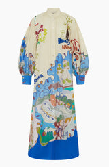 lynn Single-breasted long lantern sleeves with graffiti print  maxi dress