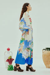 lynn Single-breasted long lantern sleeves with graffiti print  maxi dress