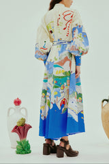 lynn Single-breasted long lantern sleeves with graffiti print  maxi dress