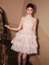 Sleeveless Stand Collar Lace Tutu mini dress in white