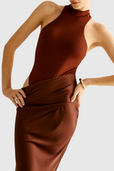 Ilya Asymmetrical Cutout Satin Maxi Dress in Brown