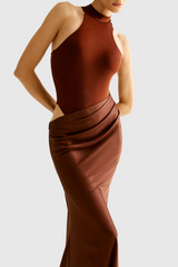 Ilya Asymmetrical Cutout Satin Maxi Dress in Brown