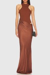 Ilya Asymmetrical Cutout Satin Maxi Dress in Brown