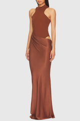 Ilya Asymmetrical Cutout Satin Maxi Dress in Brown