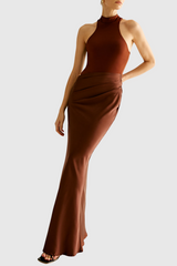 Ilya Asymmetrical Cutout Satin Maxi Dress in Brown