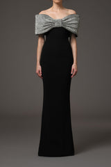 crystal bow crêpe maxi dress in Black