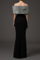 crystal bow crêpe maxi dress in Black