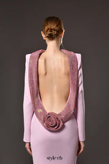 violet Pink crêpe maxi dress with crystal chainmail flower