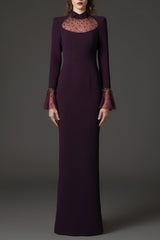 ophelia rhinestone Embroidered burgundy crêpe dress with bell sleeves‭