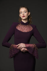 ophelia rhinestone Embroidered burgundy crêpe dress with bell sleeves‭