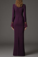 ophelia rhinestone Embroidered burgundy crêpe dress with bell sleeves‭