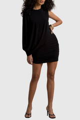 zenobia Asymmetric Shawl One Shoulder Ruched Mini Dress in Black