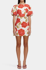 multicolor Printed puff-sleeve crinkled linen mini dress