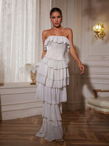 STRAPLESS RUCHED MESH MAXI DRESS IN WHITE