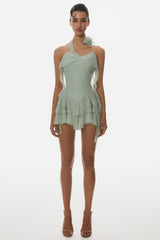 Kyrie Halter Floral Ruffle Mini Dress - Green