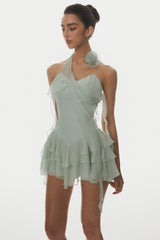 Kyrie Halter Floral Ruffle Mini Dress - Green