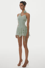 Kyrie Halter Floral Ruffle Mini Dress - Green