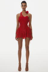 Kyrie Halter Floral Ruffle Mini Dress - Red