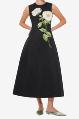 kate floral print Embellished Sleeveless Midi Dress in black