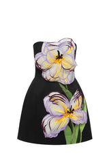 Rosario Appliqué Floral Bustier Mini Dress in black