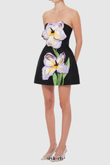 Rosario Appliqué Floral Bustier Mini Dress in black