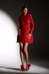 sherry Long-sleeved zippered lace mini dress in red