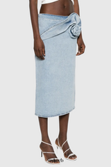 xaviera Floral Appliqué Denim Midi Skirt