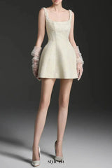 cora light yellow silk lined lacquered brocade mini dress