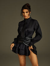 mandy Collar Ruched Ruffle Mini Dress in black