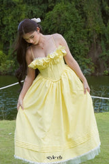ruffle corset puffy maxi dress in yellow