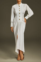 leona Long Sleeve Ruched Midi Dress in white