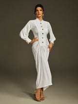 leona Long Sleeve Ruched Midi Dress in white