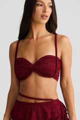 crafted rope crop top  lace skirt set in burgundy