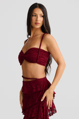 crafted rope crop top  lace skirt set in burgundy