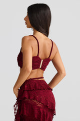 crafted rope crop top  lace skirt set in burgundy