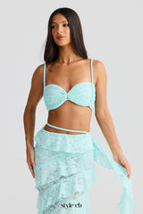 crafted rope crop top  lace skirt set in pale blue