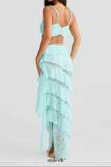 crafted rope crop top  lace skirt set in pale blue