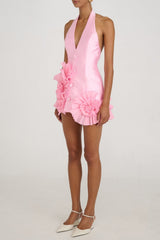 Magezi Satin Floral Halter Mini Dress