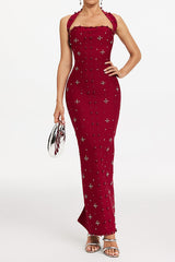 elvira Halterneck Pearl Bandage midi Dress in red